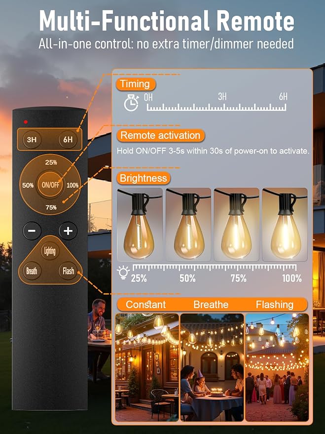 luckystyle 30FT LED Outdoor String Lights with Remote, 10+ 1 Shatterproof Bulbs Waterproof and Dimmable Patio Lights for Porch, Garden, Backyard, Deck, Balcony, 2200K Hanging Lighting