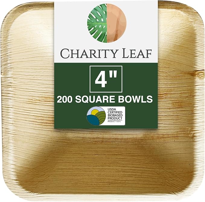 Charity Leaf Disposable Palm Leaf 4" Square Bowl (200 pcs) Dipping Bowls | Bamboo Like| All Natural and Biodegradable | Charcuterie Boards, BBQs, and Parties