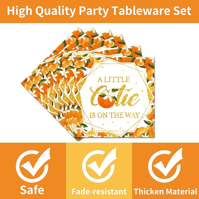 Little Cutie Baby Shower Decorations - 96PCS A Little Cutie Is on the Way Plates and Napkins Party Supplies Orange Tangerine Citrus Baby Shower Disposable Paper Tableware Set Serves 24 Guests