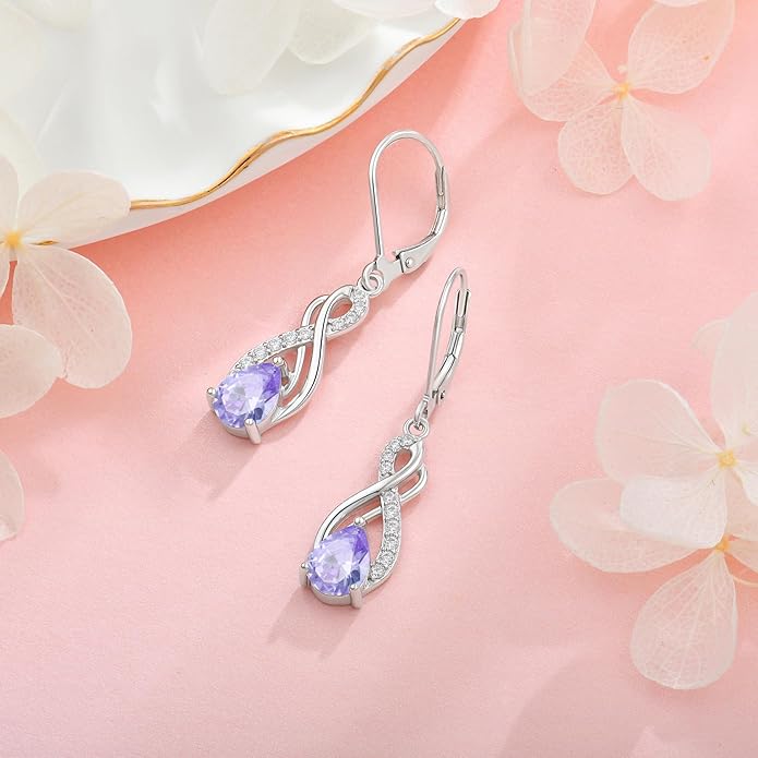 Infinity Love Birthstone Earrings for Women 925 Strling Silver 5A Cubic Zirconia Dangle Drop Leveback Earrings Jewelry Birthday Christmas Day Gifts for Her