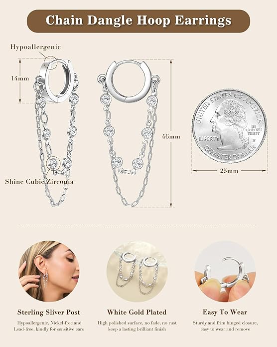 Tassel Chain Small Gold Hoop Dangle Earring For Women Huggie Earring Heart Star CZ 14K Gold Plated Fashion Jewelry Friendship Gift