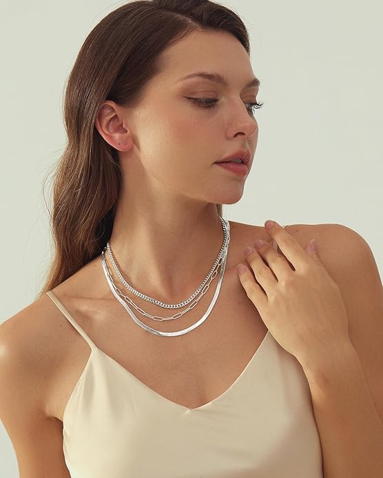 Gold Layered Necklaces for Women, 14K Gold Plated Dainty Gold Chain Choker Necklace Stack, Herringbone Gold Necklaces Set
