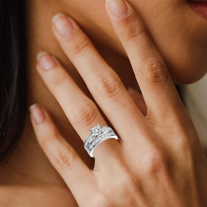 1 to 5 Carat Moissanite Ring Set S925/10K/14K/18K Gold, Princess Cut VVS1 Clarity D Color Moissanite Engagement Rings Set Luxury Bridal Jewelry Wedding Gifts for Women