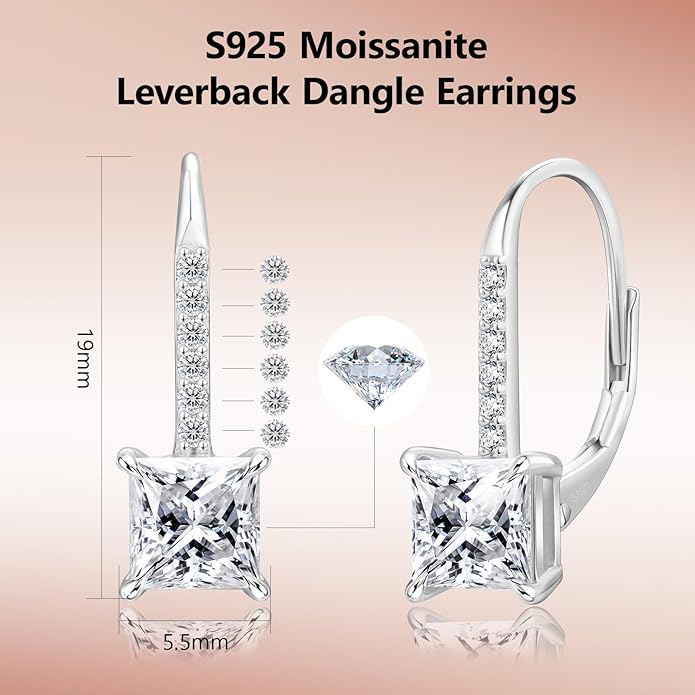 KRKC Moissanite Earrings, 1.0ct-2.0ct D Color Lab Created Diamond Earring, 14k White Gold Plated Sterling Silver Dangle Earrings S925 Leverback Drop Earring for Women Hypoallergenic Jewelry for Gifts