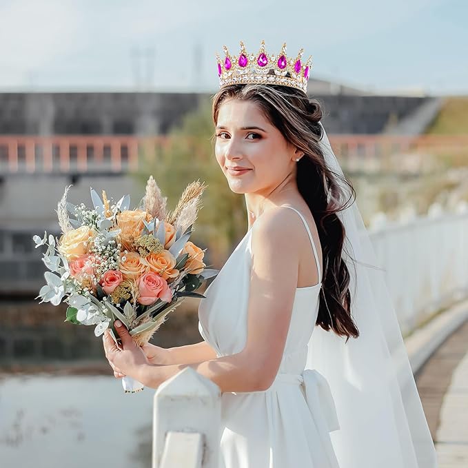 Hot Pink Queen Crown for Women Crystal Tiara for Girl Rhinestone Wedding Headband for Bride Hair Accessories for Costume Birthday Party Prom Gifts