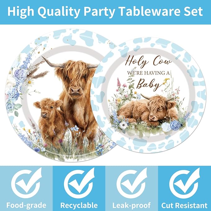 96Pcs Highland Cow Baby Shower Decorations Disposable Tableware Set - Holy Cow Highland Paper Plates Napkins Forks Blue Boho Highland Theme Baby Shower Birthday Party Supplies Serve 24 Guests
