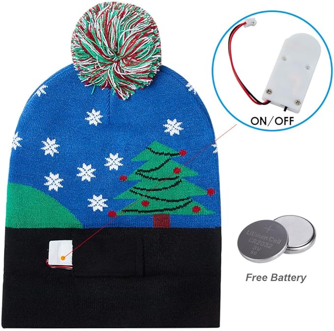 RAISEVERN Unisex Ugly LED Christmas Hat Novelty Colorful Light-up Stylish Knitted Sweater Xmas Party Beanie Cap(6 Lights)