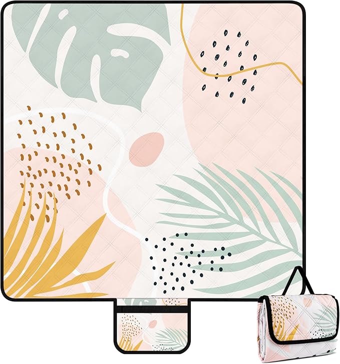 Picnic Blankets,79''x79'' Extra Large Sandproof Waterproof Beach Blanket,Foldable Portable 3-Layer Polyester Outdoor Picnic Blanket for Grass Lawn,Beach,Family Camping,Park,Travel-Tropical Leaves