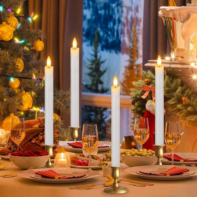 Flameless Candles with Remote: 8 Pack Battery Operated Window Candles 9.6" Real Wax LED Flickering Flameless Taper Candles 3D Wick Lights Halloween Christmas Wedding Birthday Party Decorations (White)
