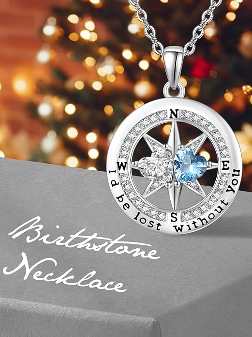 Compass Necklace for Women, Exquisite S925 Valentines Day Anniversary Birthday Gifts for Wife Her Double Birthstone Pendant Jewelry ‘I'd be Lost Without You’