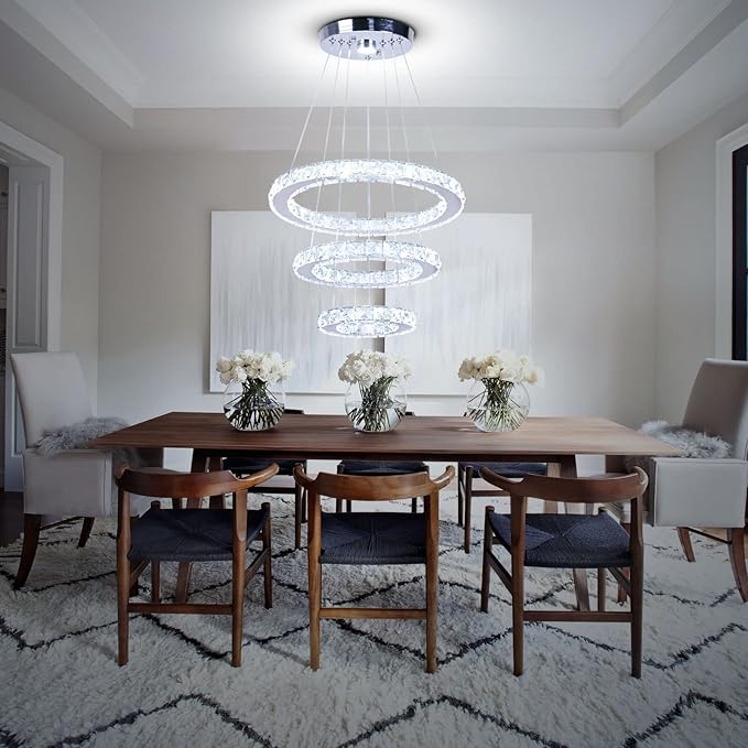 LED Chandeliers 3 rings LED Ceiling Lighting Fixture Modern Crystal Chandeliers Adjustable Stainless Steel Pendant Light for Bedroom Living Room Dining Room(Changeable Color,Control by button)
