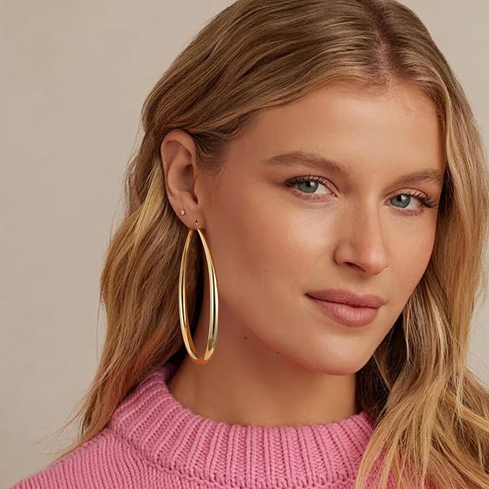 Gacimy Chunky Hoop Earrings for Women, 14K Gold Plated Oval Hoop Earrings with 925 Sterling Silver Post