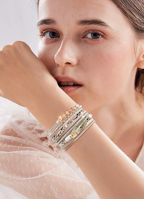 Wowanoo 3Pack Leather Cuff Bracelet Set Multilayer Wrap Bracelet Crystal Feather Tree Bracelet Magnetic Clasp Bracelet for Women