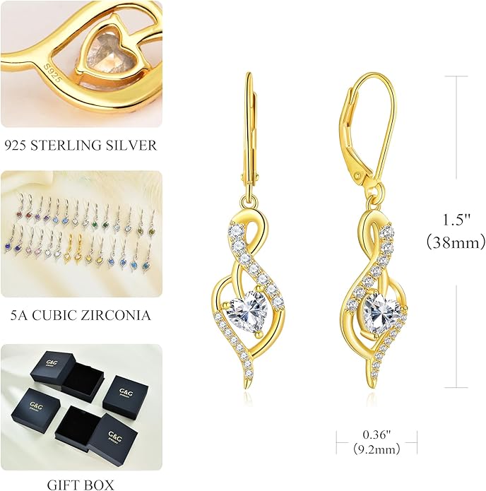Infinity Heart Dangle Drop Earrings for Women, 925 Sterling Silver Birthstone Leverback Earrings, Birthday Anniversary Valentines Day Jewelry Gifts for Women Mom Her