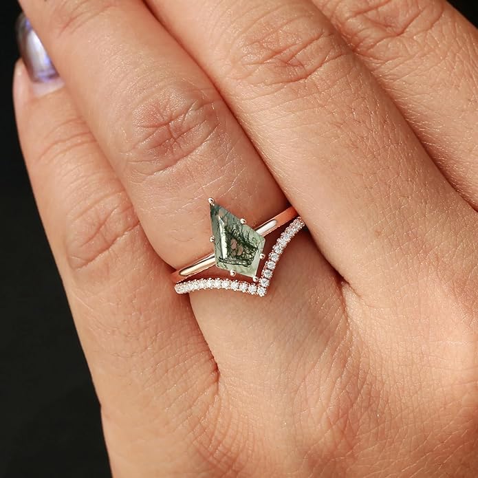 Natural Moss Agate Bridal Ring Set for Women 1CT Kite-cut Moss Agate Engagement Ring Set 925 Sterling Silver 10K 14K 18K Gold Classic Wedding Ring Set