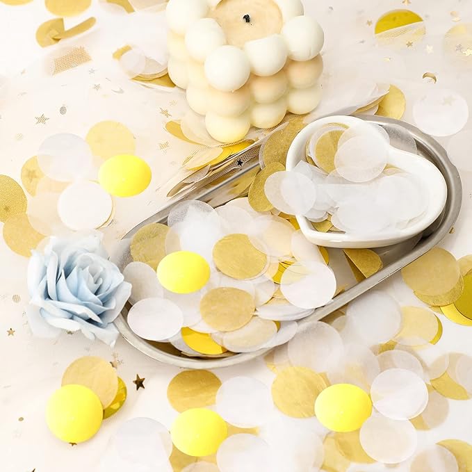 TecUnite Round Tissue Paper Table Confetti Dots for Wedding Birthday Party Decoration, 1.76 oz(White Gold Confetti,2.5 cm)