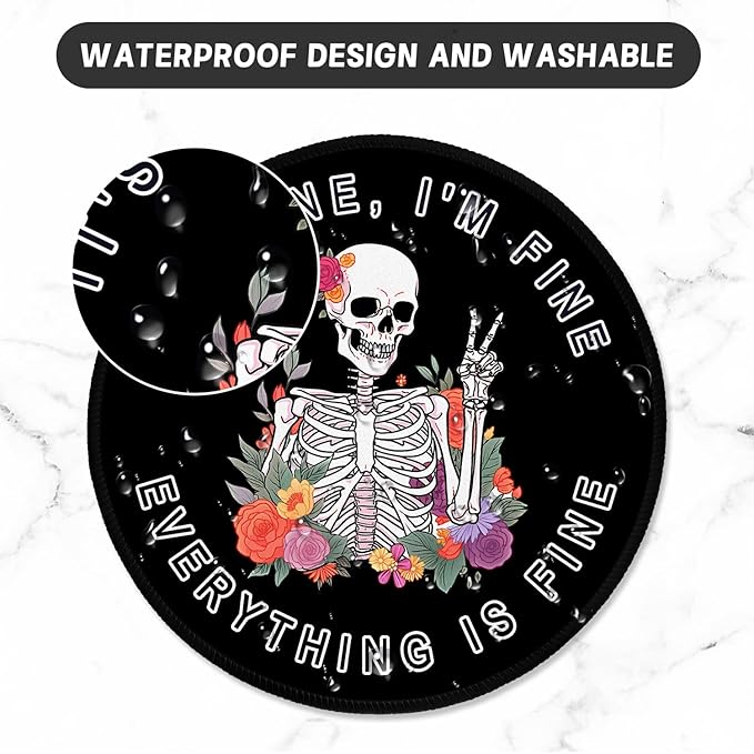 ITNRSIIET Round Mouse Pad with Stitched Edge Premium-Textured Waterproof Non-Slip Rubber Base Desktop Protection Mat Diameter 8.7 inches, Flower Skull