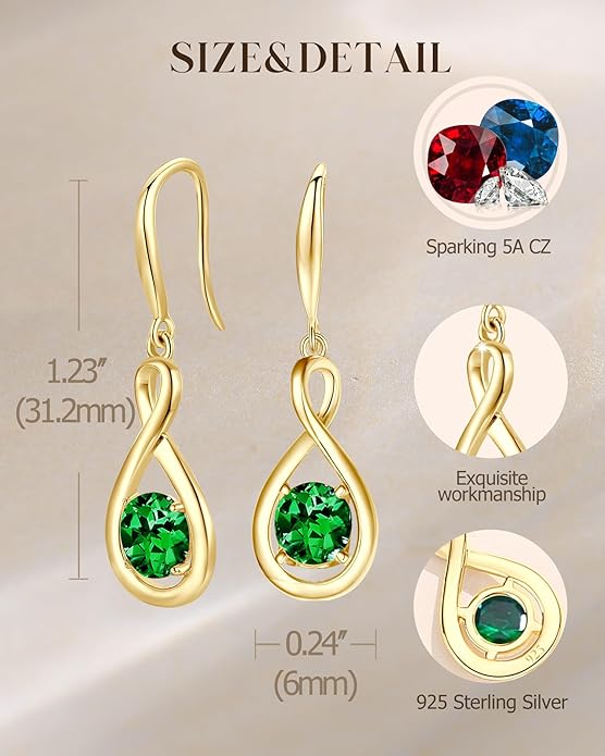 FANCIME Valentines Day Gift Dangle Drop Earrings 925 Sterling Silver Dainty Infinity Round Gemstone Birthstone Jewelry Birthday Gifts for Her Women