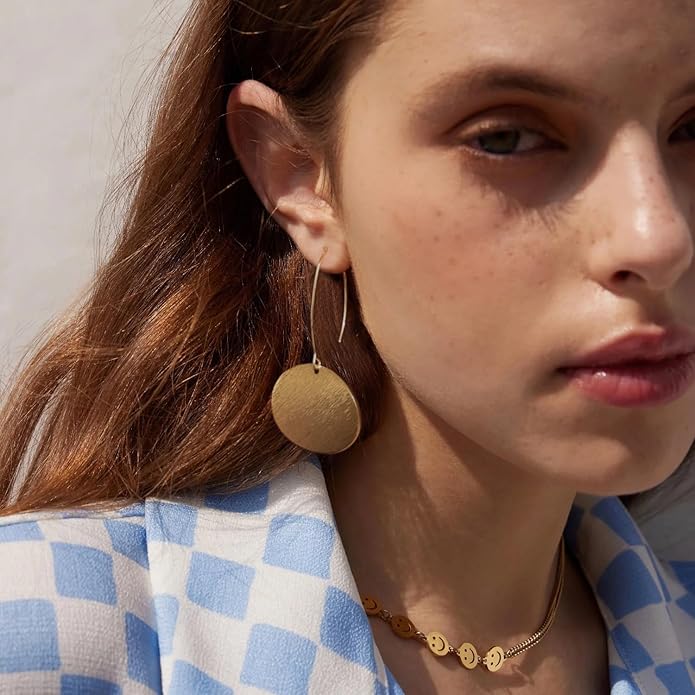 SOFYBJA Dainty 18K Gold Plated Disc Ball Triangle Sunburst Drop Earrings Long Dangle Lightweight Handmade Earrings Jewelry