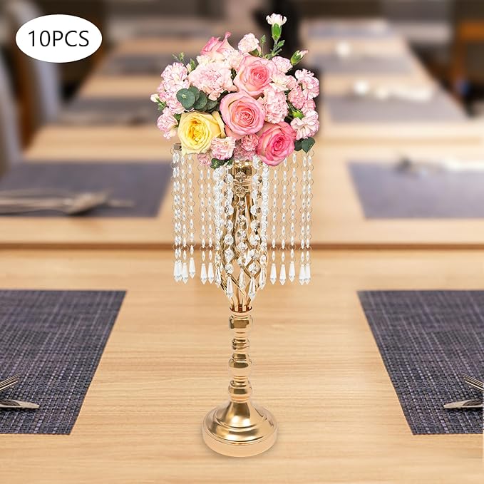 Wedding Centerpieces Gold Vases,10PCS Metal Flower Candle Holder with Sparkling Crystal Beads,Crystal Flower Vase Metal Flowers Stand for Party Tables Decorations (10PCS-Gold-15)