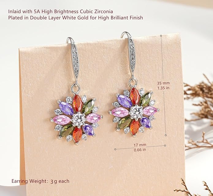 VONSSY Colorful Snowflake Pendant Necklace Earrings Rose Gold 5A Cubic Zirconia | Crystal Sweater Chain | Multi Gemstone Garnet Amethyst Morganite Peridot Prom Rhinestone Necklaces for Women Vintage Stylish Gift