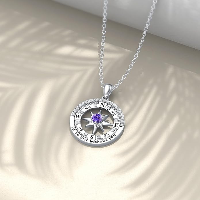 Compass Birthstone Necklace Gift for 2025 Graduation 925 Sterling Silver Compass ‘I'd be Lost Without You’ Pendant Necklaces Jewelry for Women Her Wife Gift for Birthday Anniversary