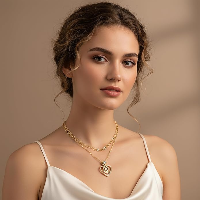 Heart Letter Necklaces for Women 14K Gold Plated Cubic Zirconia Heart Initial Layered Necklace Infinity Pendant Necklace Letter Initial Jewelry for Women