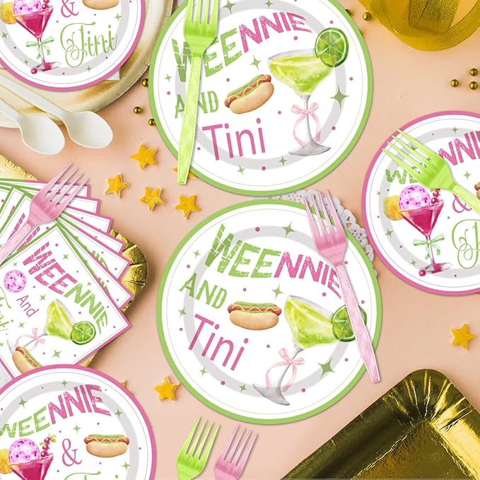 96Pcs Martini Party Decoration Disposable Tableware Set - Weenies and Tini Paper Plates Napkins Forks Pink Green Martini Theme Bridal Shower Engagement Bachelorette Party Supplies Serve 24 Guests