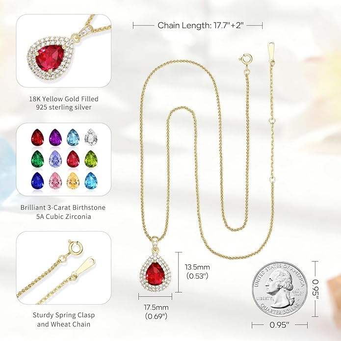 Valentine's Day Gift for Wife/Her-18K Gold Plated Teardrop Birthstone Necklace- with Light-Up Gift Box,Jewelry for Women,Anniversary Birthday Gifts for Women Her Wife Girlfriend Mom,Womens Jewelry