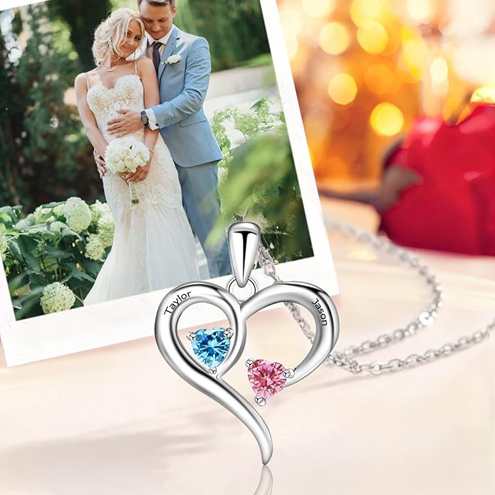 MissNaNa Sterling Silver Personalized 2 Names Heart Necklace with 2 Birthstone Couple I Love You Heart Pendant Necklace Jewelry Gift for Her Wife Girlfriend Mom