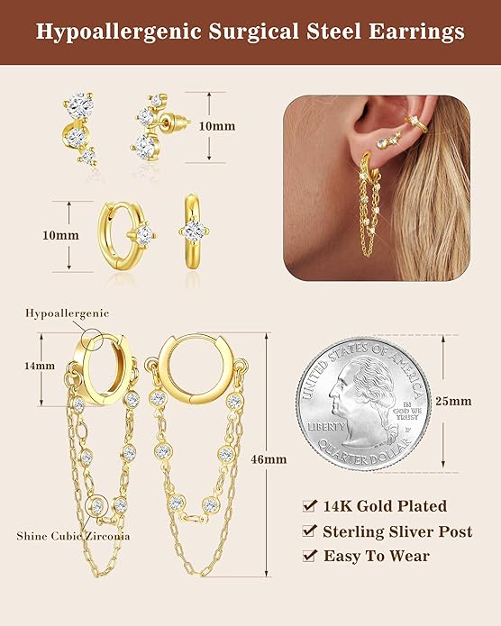 Tassel Chain Small Gold Hoop Dangle Earring For Women Huggie Earring Heart Star CZ 14K Gold Plated Fashion Jewelry Friendship Gift