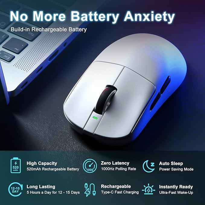 R1 SE+ Wireless Gaming Mouse, 18000 DPI, High-Precision PAW3395 SE Sensor,55g Lightweight,Three Connection Modes Mouse, Programmable Ergonomic Mice Suitable for Laptops/PC/Mac (White)
