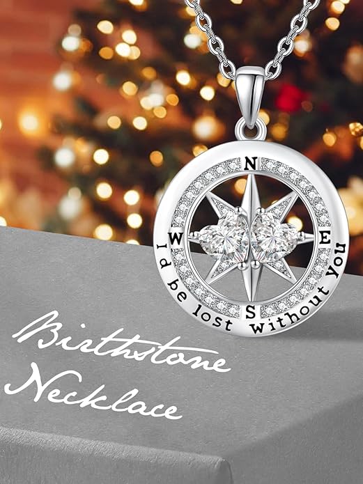 Compass Necklace for Women, Exquisite S925 Valentines Day Anniversary Birthday Gifts for Wife Her Double Birthstone Pendant Jewelry ‘I'd be Lost Without You’