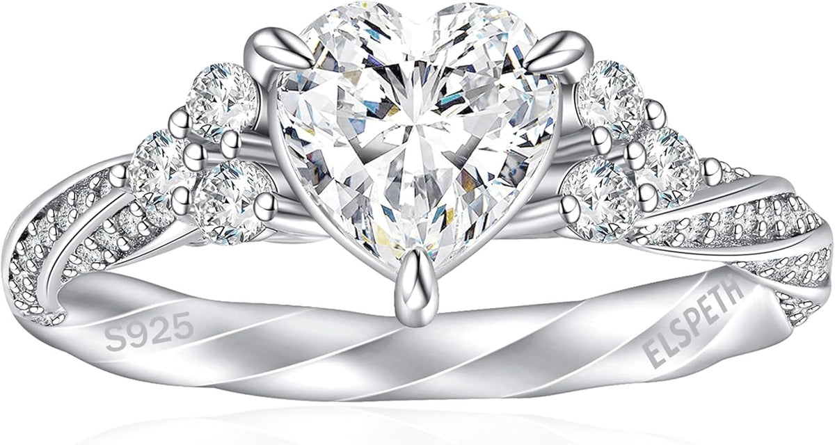 Elspeth 925 Sterling Silver Heart Engagement Ring for Women Heart Cut Cubic Zirconia Promise Ring Size 4-10