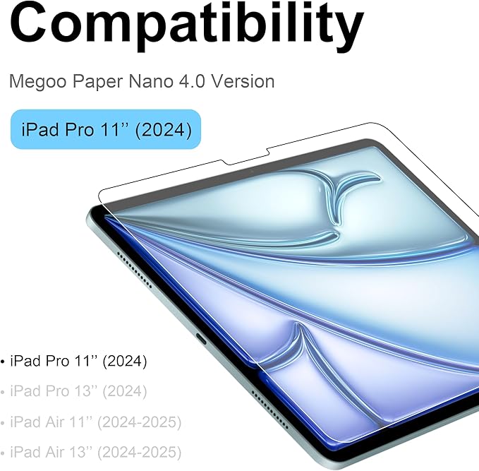 Megoo Paper Glass Screen Protector for iPad Pro 11 inch M4(2024), Matte for Drawing/Anti-Glare/Easy Installation/Protective Case Compatible, 2-Pack