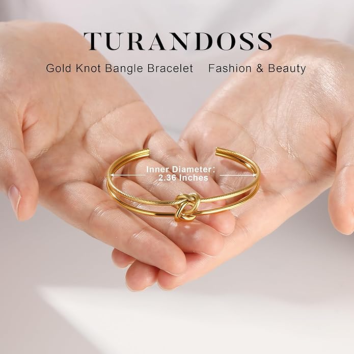 Turandoss Gold Knot Bangle Bracelets for Women - Dainty 18K Gold Plated Cuff Bangle Bracelets for Women Trendy Personalized Open Love Knot Bracelet Adjustable Cuff Bracelet Valentine Gifts for Her