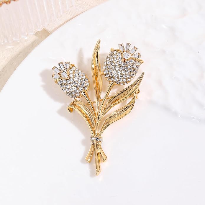 Crystal Brooch Vintage Floral Gold Pin Micro Pave Daisy/Tulip Rhinestone Embellishment for Women Holiday styles.