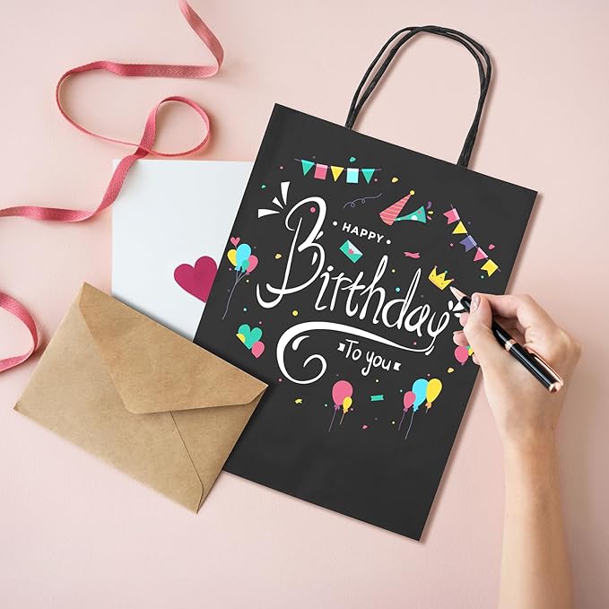 METRONIC 100 Pack 8x4.75x10.5 Inches Paper Gift Bags Black, Medium Kraft Shopping Bag with Handles for Small Business, Boutique, Party Favors, Retail Stores, Gift Wrap, Bulk