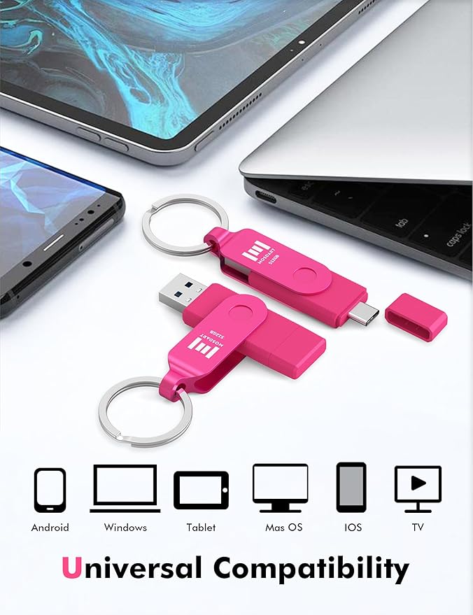 MOSDART 512GB USB3.1 Fast Speed C and A Dual Flash Drive, exFAT Memory Stick with Keychain and LED Indicator, for iPhone 15 and 16, Android Phone, iPad, MacBook, and Other Laptops, Hot Pink