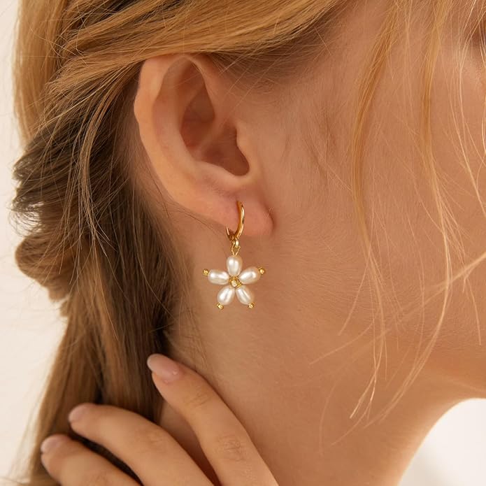 Gold Pearl Dangle Earrings for Women, 14K Gold Plated Small Pearl Drop Huggie Hoop Earrings, Hypoallergenic Dainty Gold Earrings Wedding Jewelry Gifts for Women Trendy