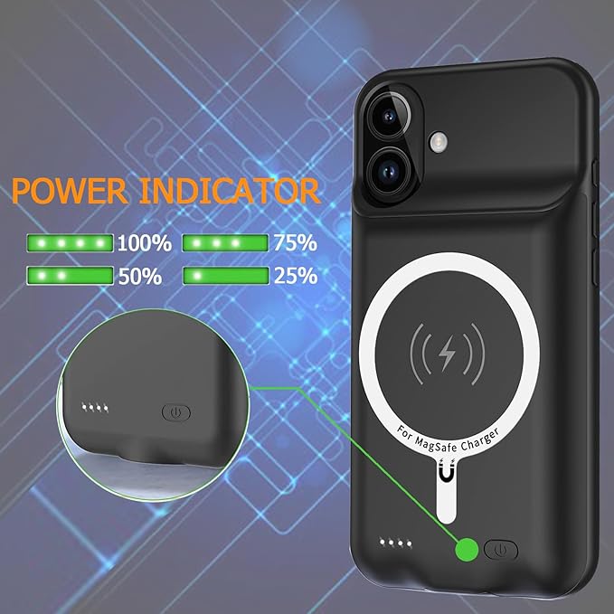 Battery Case for iPhone 16, Upgraded 10000mAh Ultra-Slim Rechargeable Portable Extended Battery Pack Support Qi Wireless Charging Case Compatible with iPhone 16 (6.1 inch) Charger Case Cover(Black)