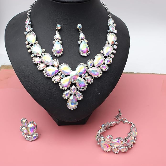 Women's Wedding Bridal Austrian Crystal Glass Teardrop Statement Necklace Dangle Earrings Bracelet Ring Wedding Party Jewelry Set for Bridal Bridesmaid