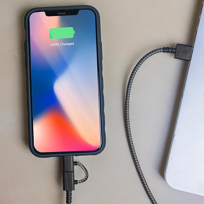 Smartish USB-C/Lightning Cable for iPhone 16/15/14 - Crown Joule - 6Foot Universal Fast Fabric Wrapped Charging Cable w/Micro-USB - Apple MFi Certified for iPhone 13/12/SE/iPad/AirPods/Android - Black