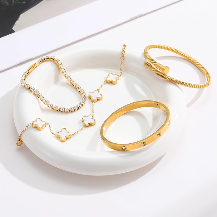 18K Gold Plated Bangle Bracelets Stack for Women,Four Leaf Clover Stackable Bracelets Non Tarnish,4 Pcs Jewelry sets Gifts