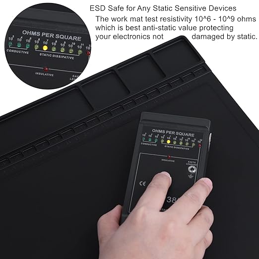 Premium Heat Resistant 932°F Anti Static Mat, HPFIX ESD Mat with Grounding Wire, Grounding Plug, and ESD Wristband, Silicone Soldering Repair Mat for Computer, PC Building, Eelectronics