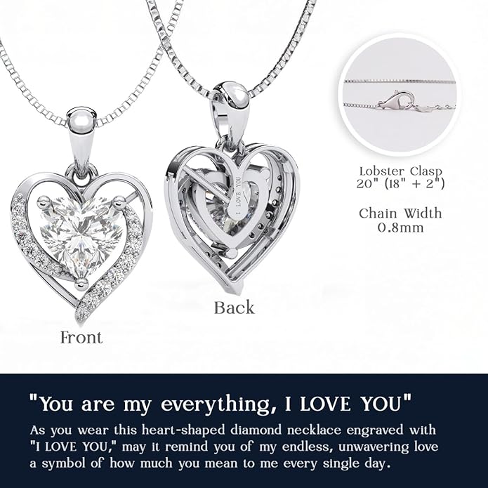 Auravibes Moissanite Heart Necklace for Women, 2-Carat Real Sterling Silver Pendant with “I Love You” Engraving, Valentine’s Day, Anniversary, Birthday or Christmas Gift for Wife, Girlfriend, Mom