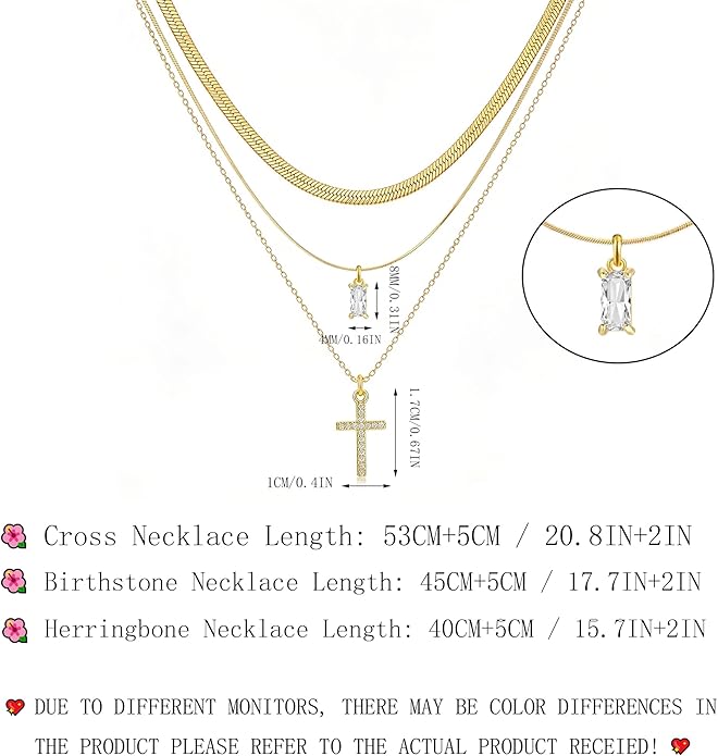 3Pcs Gold Layered Necklaces for Women, 14K Gold Plated Cross Necklace, Dainty Birthstone Necklace for Women, Herringbone Gold Necklaces Set, Stackable Women's Gold Pendant Necklaces Jewelry Set