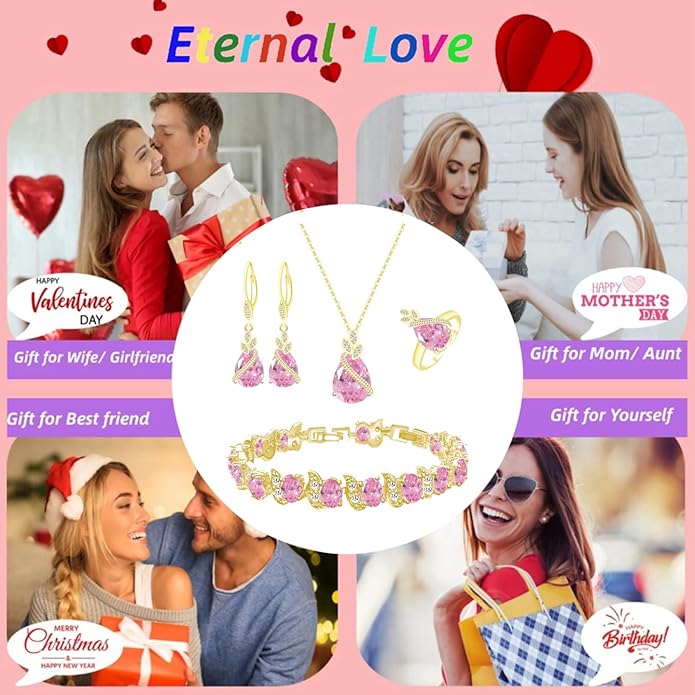 LMXXVJ Jewelry Set for Women,Teardrop Cubic Zirconia Necklace Earrings Adjustable Ring Bracelet Jewelry Set Formal Jewelry Gift