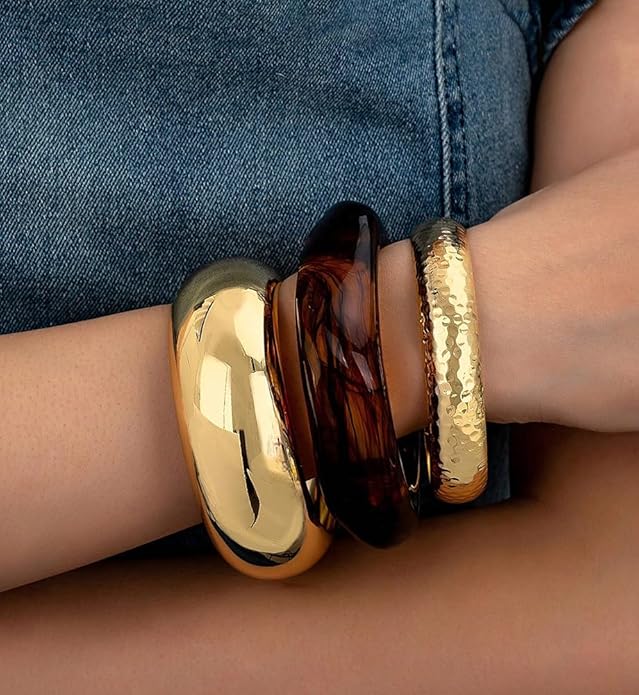 Chunky Gold Bangle Bracelets for Women, Dainty 14k Gold Plated Big Stackable Bangles Set, Trendy Statement Cuff Bracelet Stack Fashion Jewelry Christmas Gifts