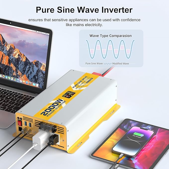 XWJNE 2000W Pure Sine Wave Power Inverter 24V DC to 120V GFCI AC Converter with LCD Display and Remote for Home, RV, Truck, Off-Grid Solar Power